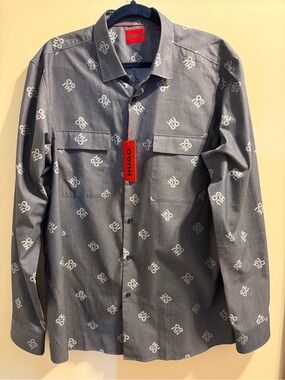 Hugo Boss Men's Gray Logo-Print Button Shirt